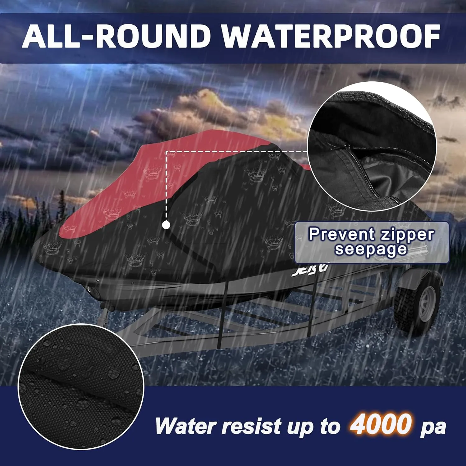 600D Jet Ski Cover - Trailerable Seadoo Cover, Waterproof Jetski Cover, PWC Cover Fits Seadoo, Yamaha, Kawasaki, Jet Ski Watercraft Cover Fits from 136''-145'' (3 Seater), Red & Black