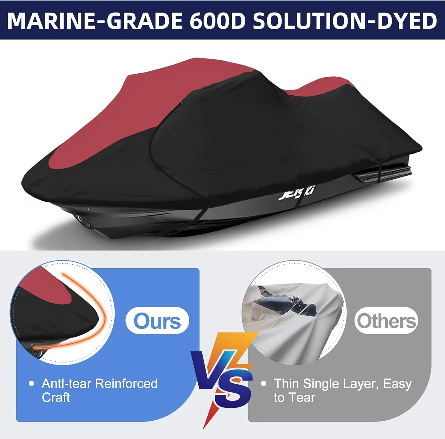 600D Jet Ski Cover - Trailerable Seadoo Cover, Waterproof Jetski Cover, PWC Cover Fits Seadoo, Yamaha, Kawasaki, Jet Ski Watercraft Cover Fits from 136''-145'' (3 Seater), Red & Black
