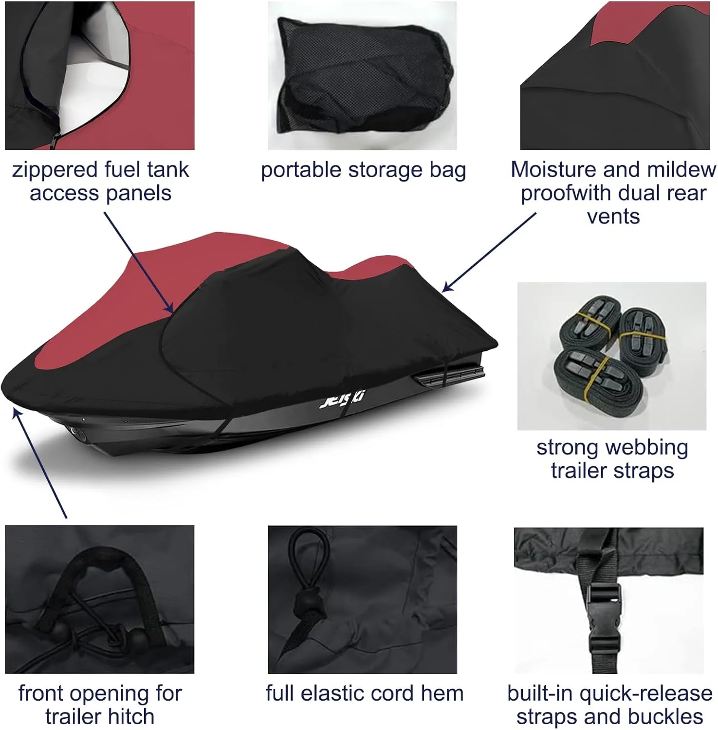 600D Jet Ski Cover - Trailerable Seadoo Cover, Waterproof Jetski Cover, PWC Cover Fits Seadoo, Yamaha, Kawasaki, Jet Ski Watercraft Cover Fits from 136''-145'' (3 Seater), Red & Black