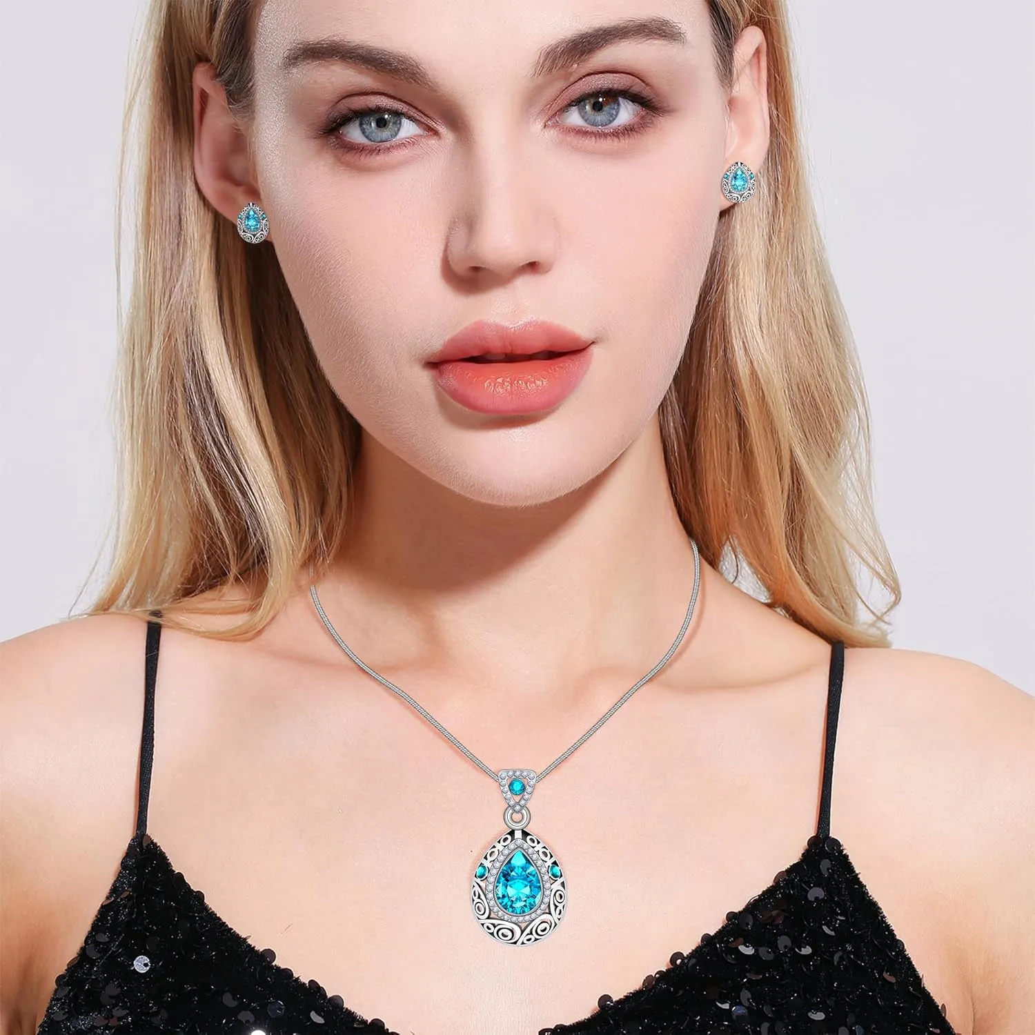 AILUOR Fashion Waterdrop Crystal Jewelry Set, Retro Vintage Celtic Knot Waterdrop Green Gemstone Water Drop Pendant Necklace Stud Earrings Jewelry Set for Women Mother Bridal Wedding