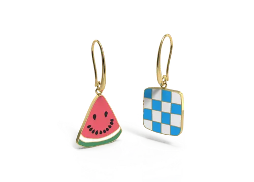 Asymmetrical Cloisonné Drop Earrings - Watermelon Picnic