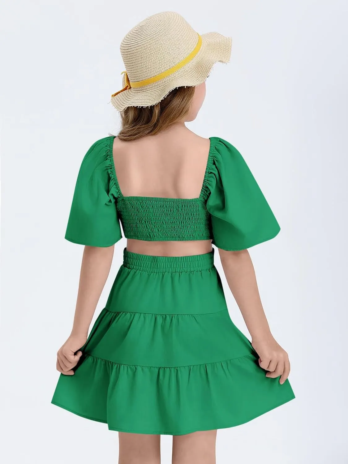 Batermoon Girls Summer Dress Square Neck Short Sleeve Crossover Waist Casual A-line Mini Dress