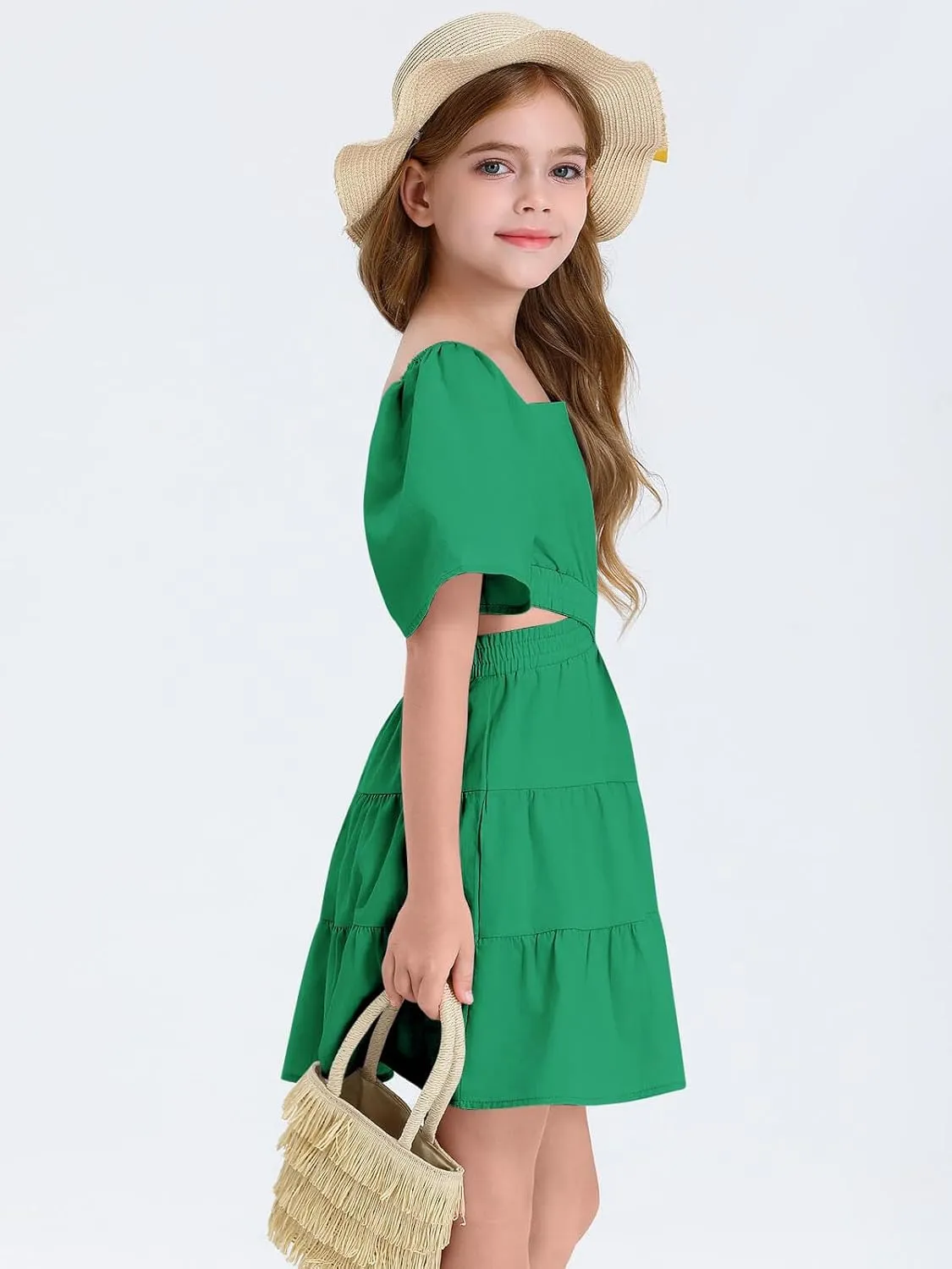 Batermoon Girls Summer Dress Square Neck Short Sleeve Crossover Waist Casual A-line Mini Dress