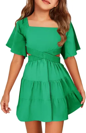Batermoon Girls Summer Dress Square Neck Short Sleeve Crossover Waist Casual A-line Mini Dress