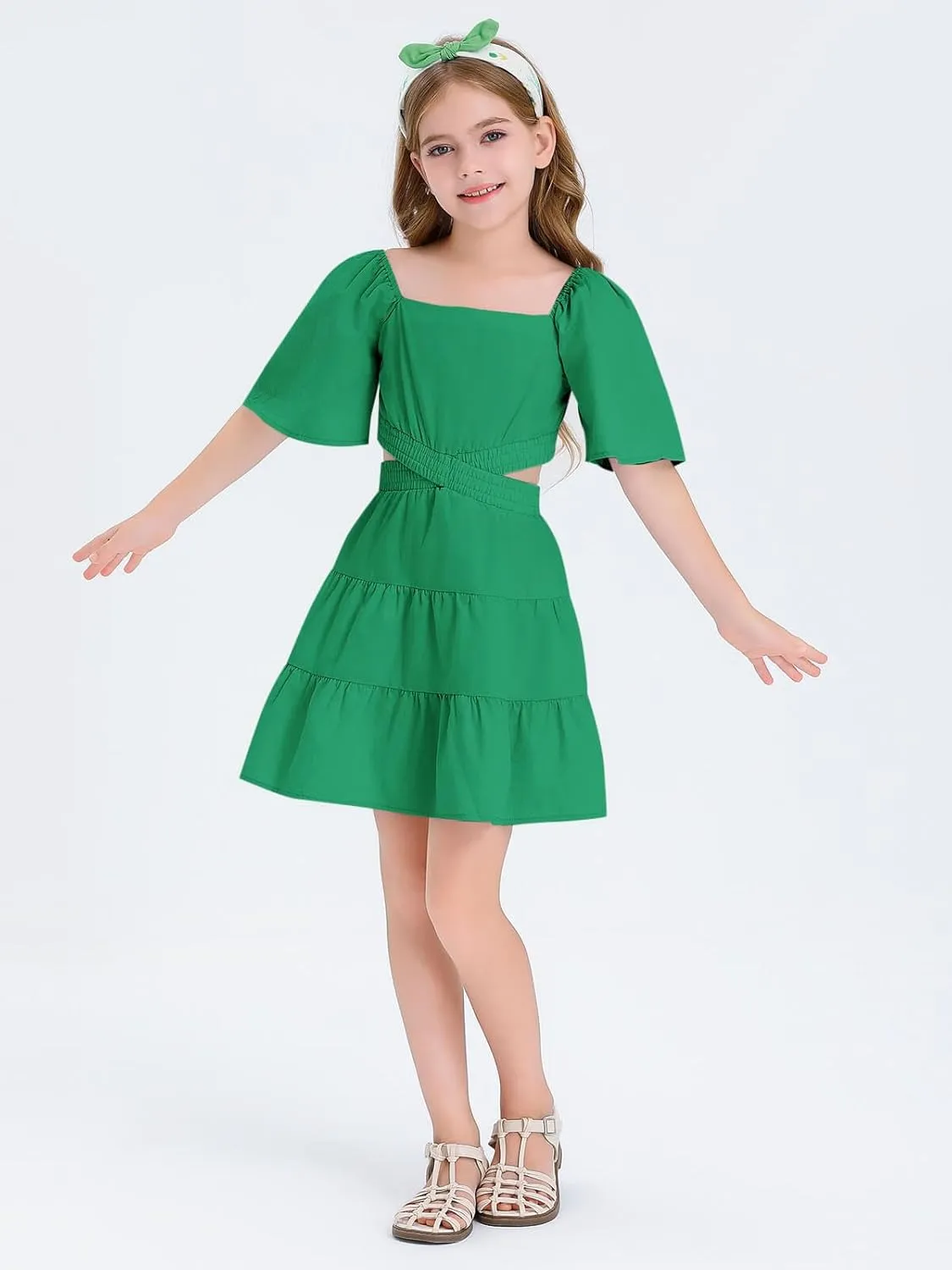 Batermoon Girls Summer Dress Square Neck Short Sleeve Crossover Waist Casual A-line Mini Dress