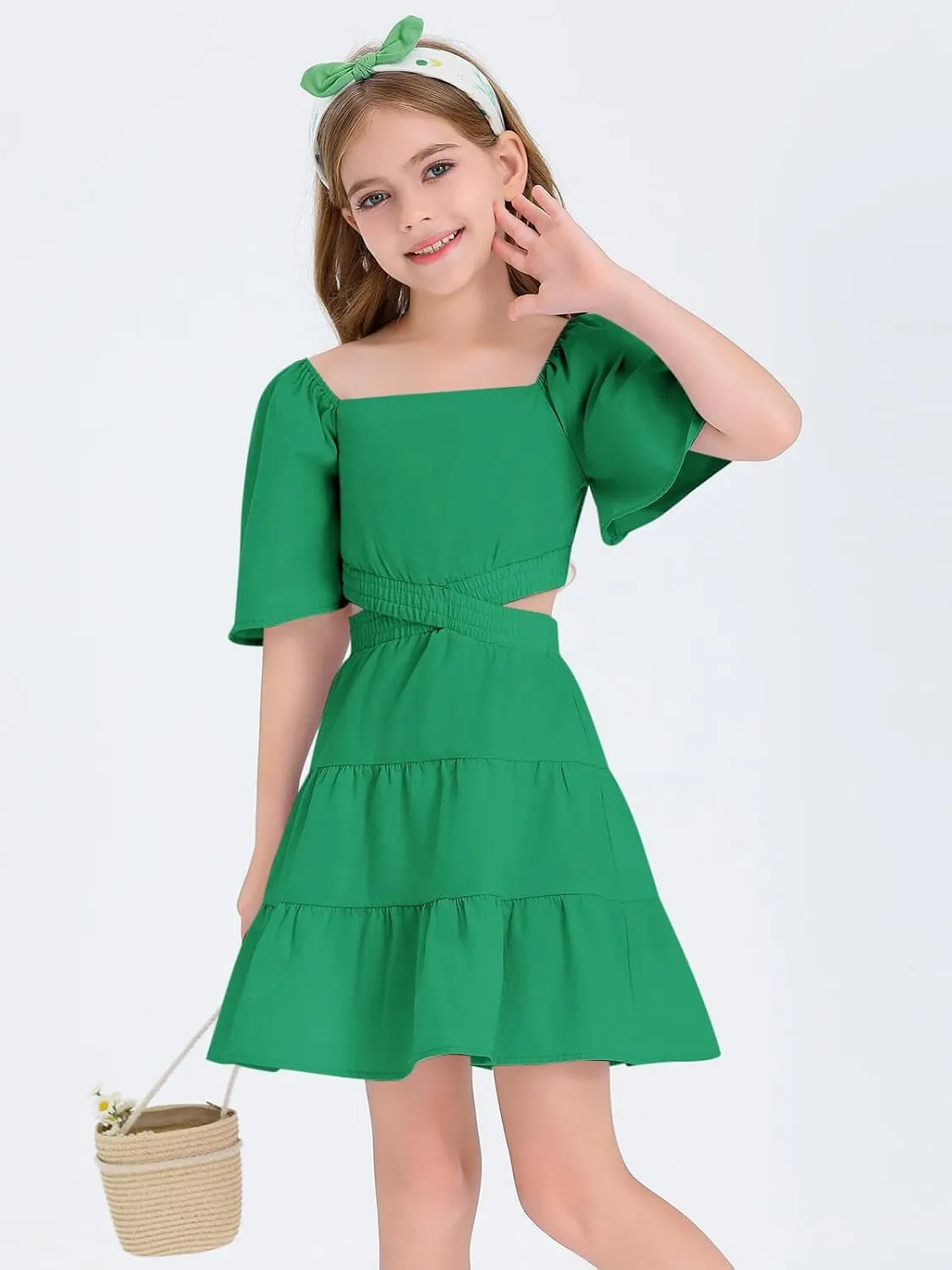Batermoon Girls Summer Dress Square Neck Short Sleeve Crossover Waist Casual A-line Mini Dress