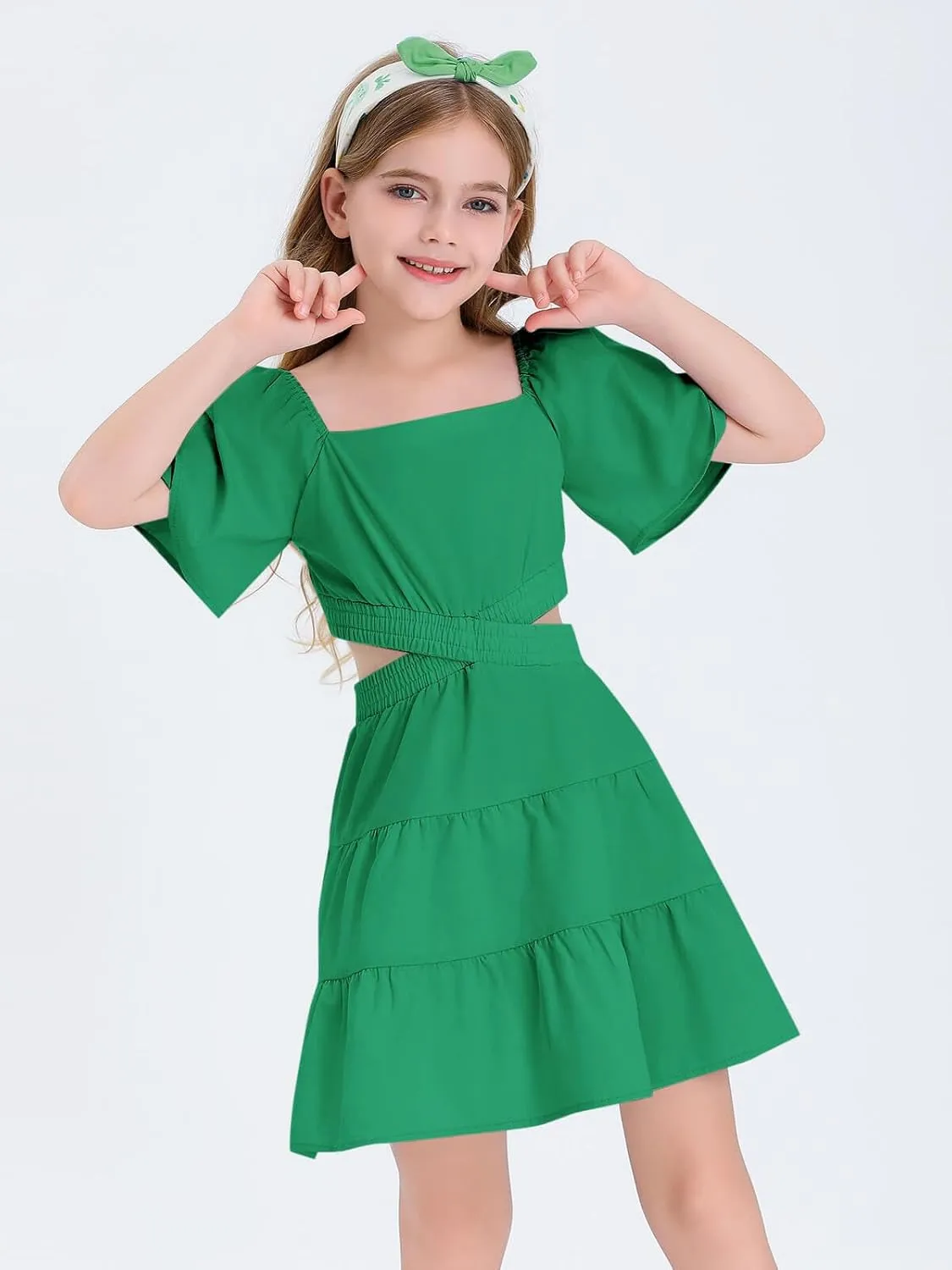 Batermoon Girls Summer Dress Square Neck Short Sleeve Crossover Waist Casual A-line Mini Dress