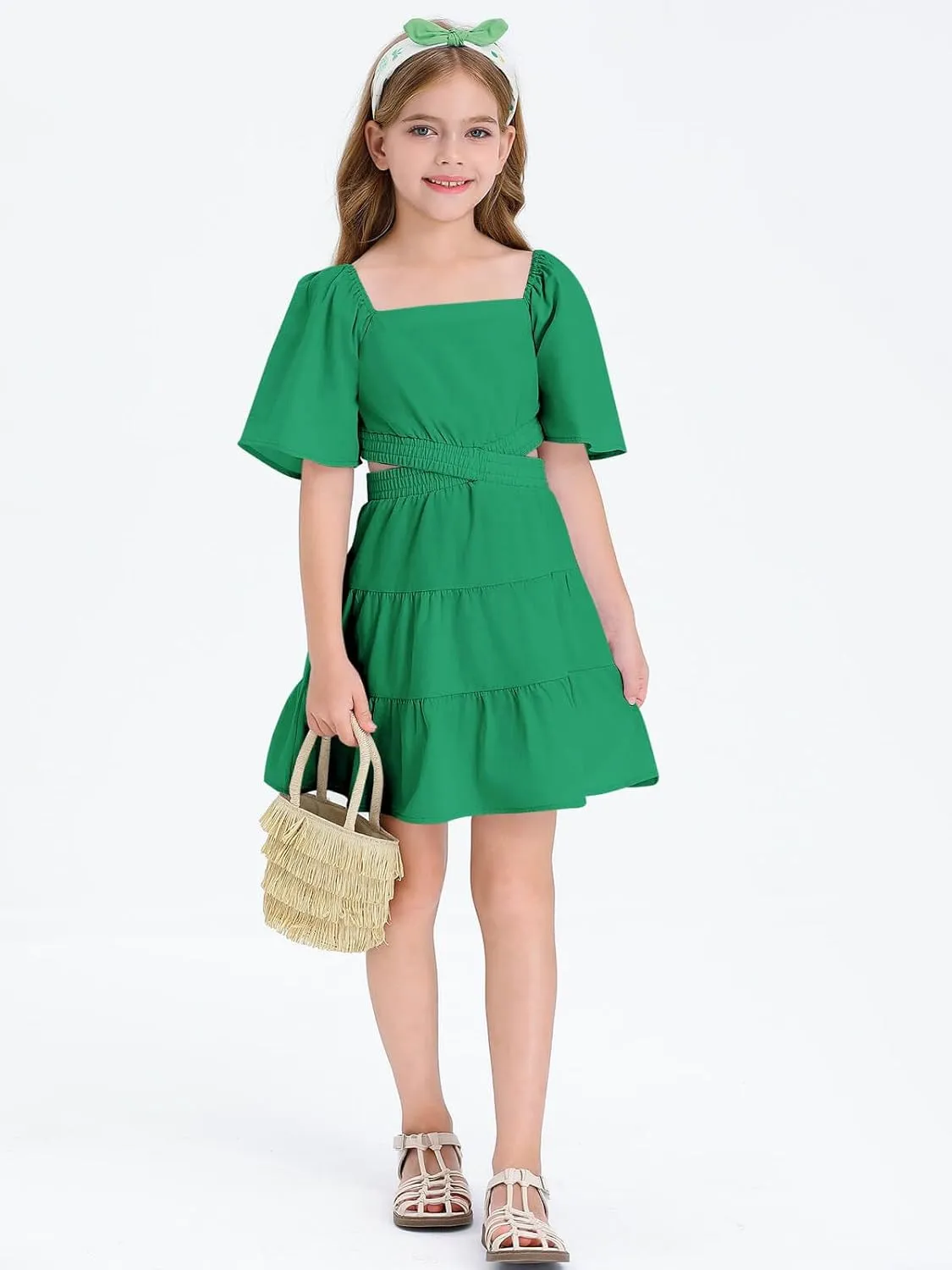 Batermoon Girls Summer Dress Square Neck Short Sleeve Crossover Waist Casual A-line Mini Dress