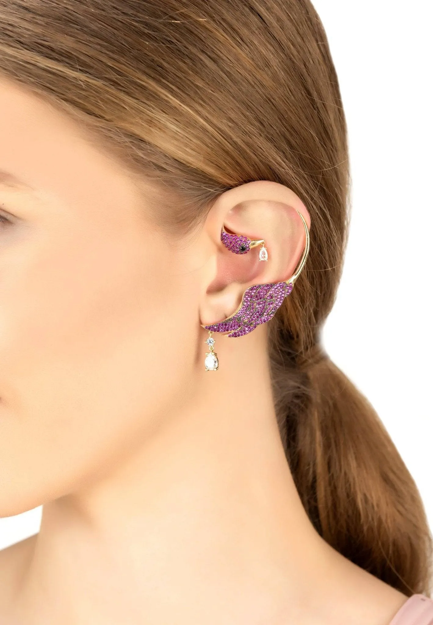 Bird Of Paradise Ear Climber Ruby Gold Left