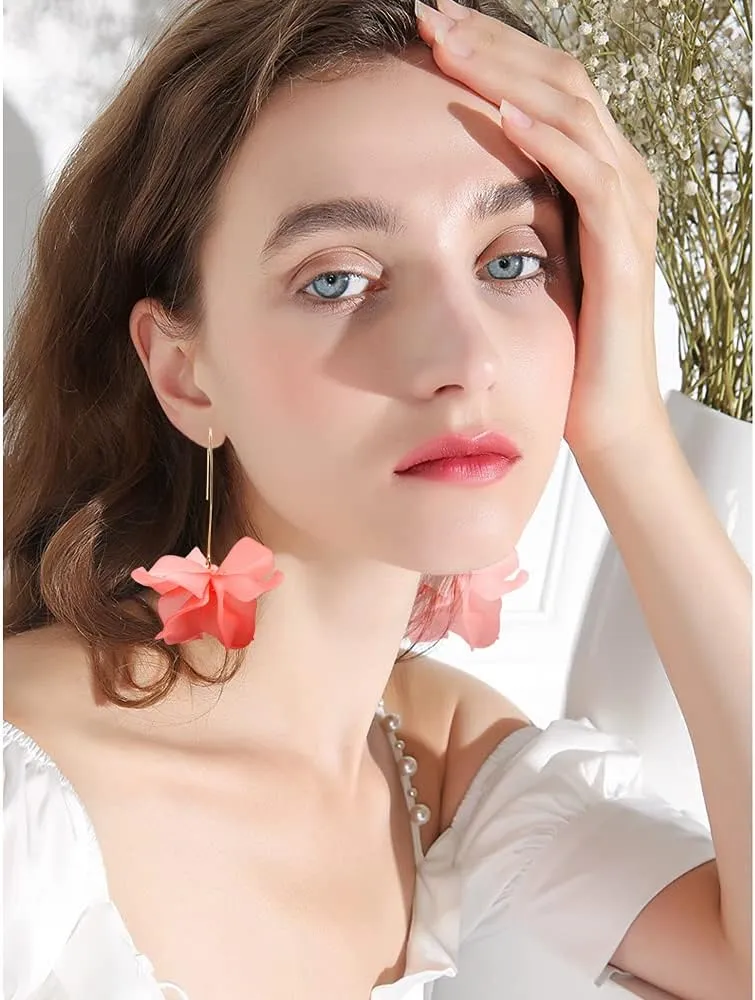 Boho Rose Petal Dangle Resin Earrings - Long Drop Acrylic Tiered Flower Earrings - Statement Exaggerated Floral Tassel Earrings for Women and Girls