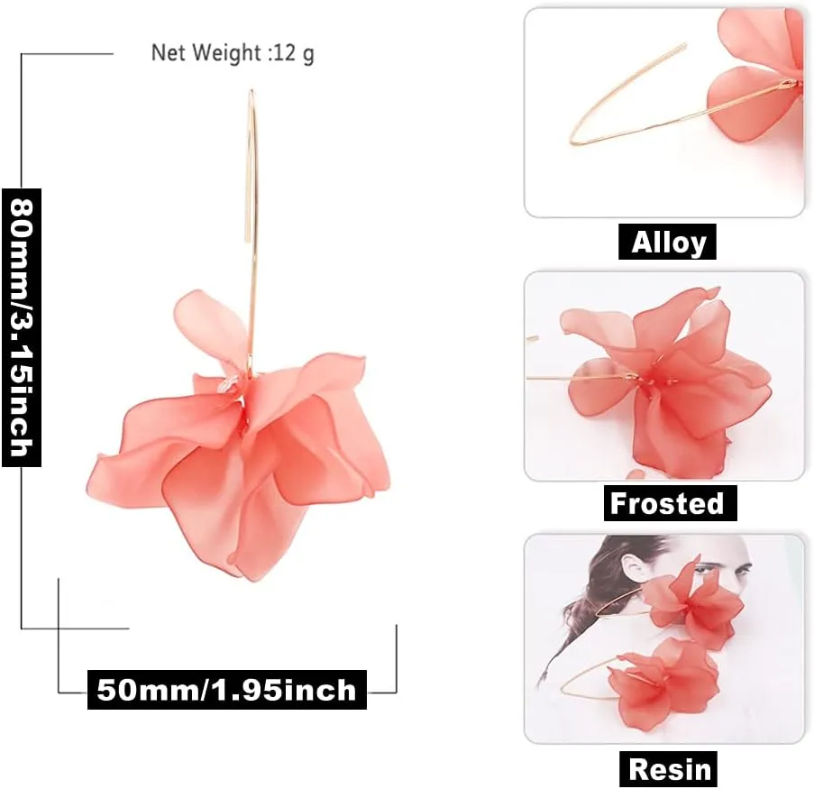 Boho Rose Petal Dangle Resin Earrings - Long Drop Acrylic Tiered Flower Earrings - Statement Exaggerated Floral Tassel Earrings for Women and Girls
