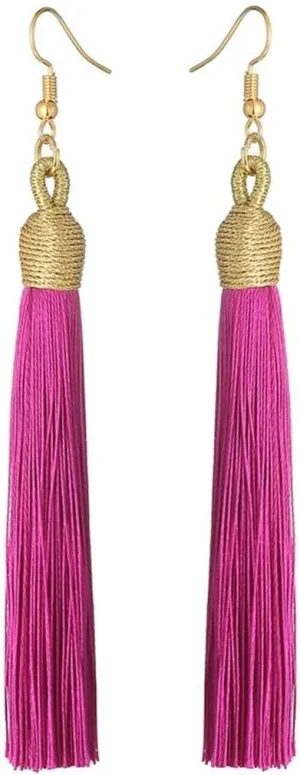 Boho Thread Long Tassel Dangle Drop Colorful Fringe Earrings Silk Fabric Ethnic Vintage Charms Eardrop (Rose)