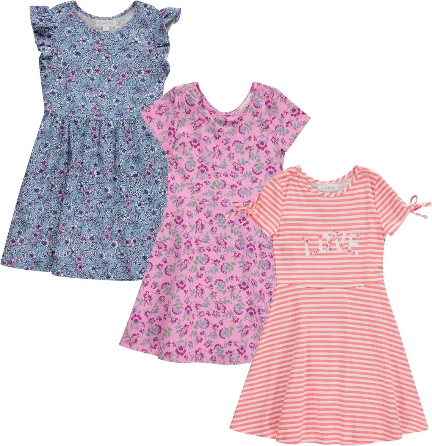 BTween 3 Piece Girls Summer Dress Set Short Sleeve Casual Skater Dresses