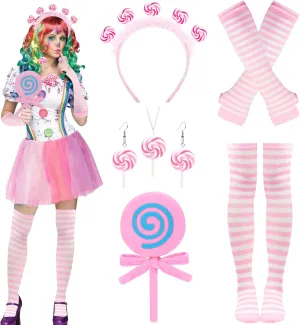 Candy Costume Accessories - Candy Headband Sweet Rainbow Necklace Lollipop Earrings Jombo Handheld Candy Gloves Tights for Women Candy Theme Cosplay Accessories, Pink White