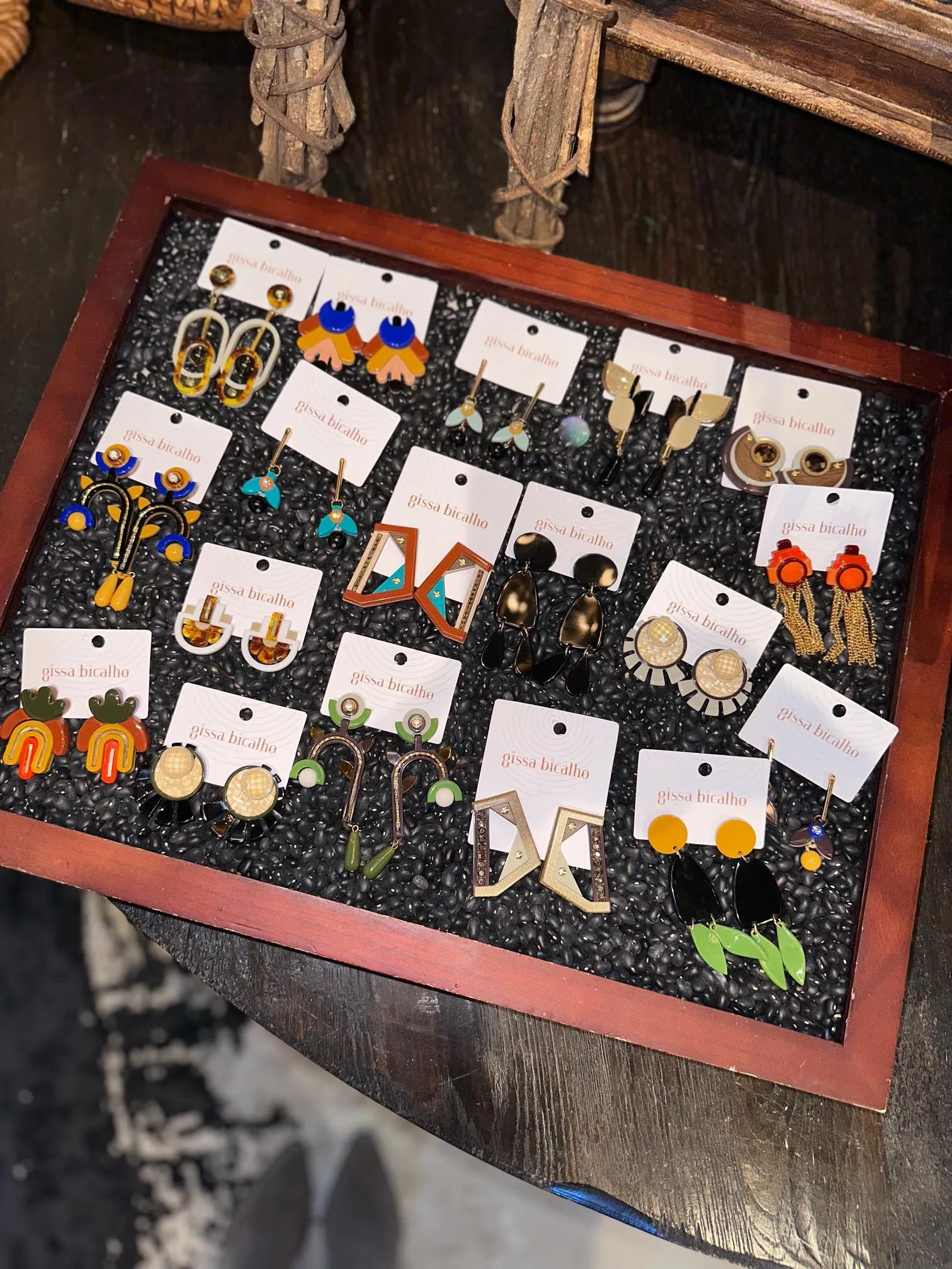 Colorblock Acrylic Earring in olive/cinnamon by Gissa Bicalho