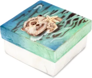 Cottage Garden Hand Painted Iridescent Capiz Shell Square 3 x 3 inch Keepsake Decorative Memory Trinket Jewelry Ring Earring Necklace Organizer Vintage Box with Lid, Ocean Blue Otter & Starfish