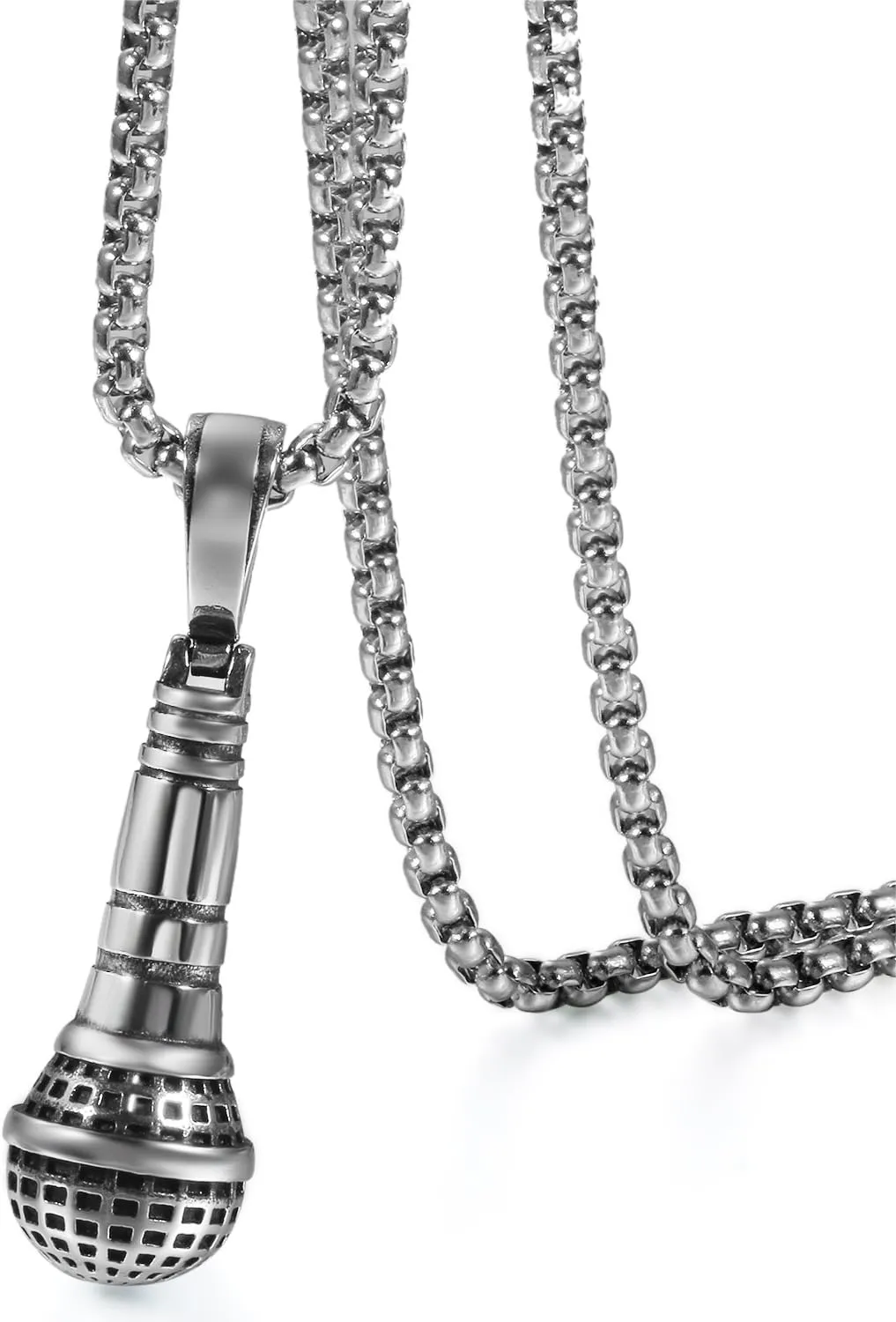 Cupimatch Stainless Steel Microphone Karaoke Pendant Necklace with Chain 22 inch