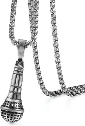 Cupimatch Stainless Steel Microphone Karaoke Pendant Necklace with Chain 22 inch