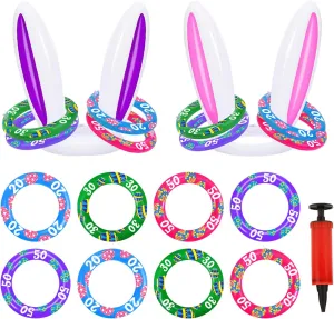 Easter Inflatable Bunny Ear Ring Toss Game, 2Sets& 8 Rings Easter Rabbit Ring Toss Party Games, Inflatable Toss Game Indoor Outdoor Toss Game for Kids Easter Party Favor Supplies