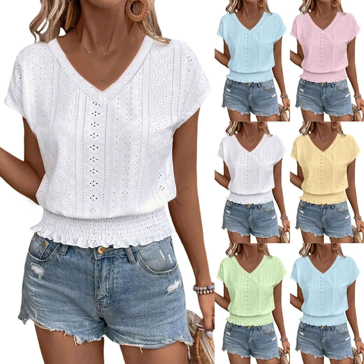 Eyelet Tops for Women Summer V Neck Short Sleeve Shirts Fashion Smocked Waist Crop Tops Casual Plain T Shirts 2025