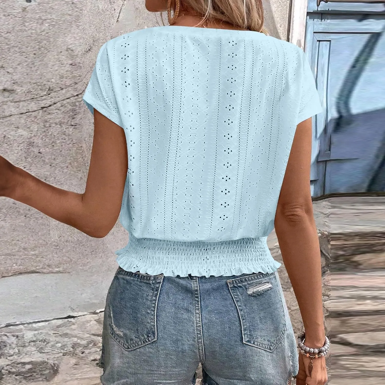 Eyelet Tops for Women Summer V Neck Short Sleeve Shirts Fashion Smocked Waist Crop Tops Casual Plain T Shirts 2025