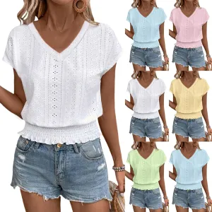 Eyelet Tops for Women Summer V Neck Short Sleeve Shirts Fashion Smocked Waist Crop Tops Casual Plain T Shirts 2025