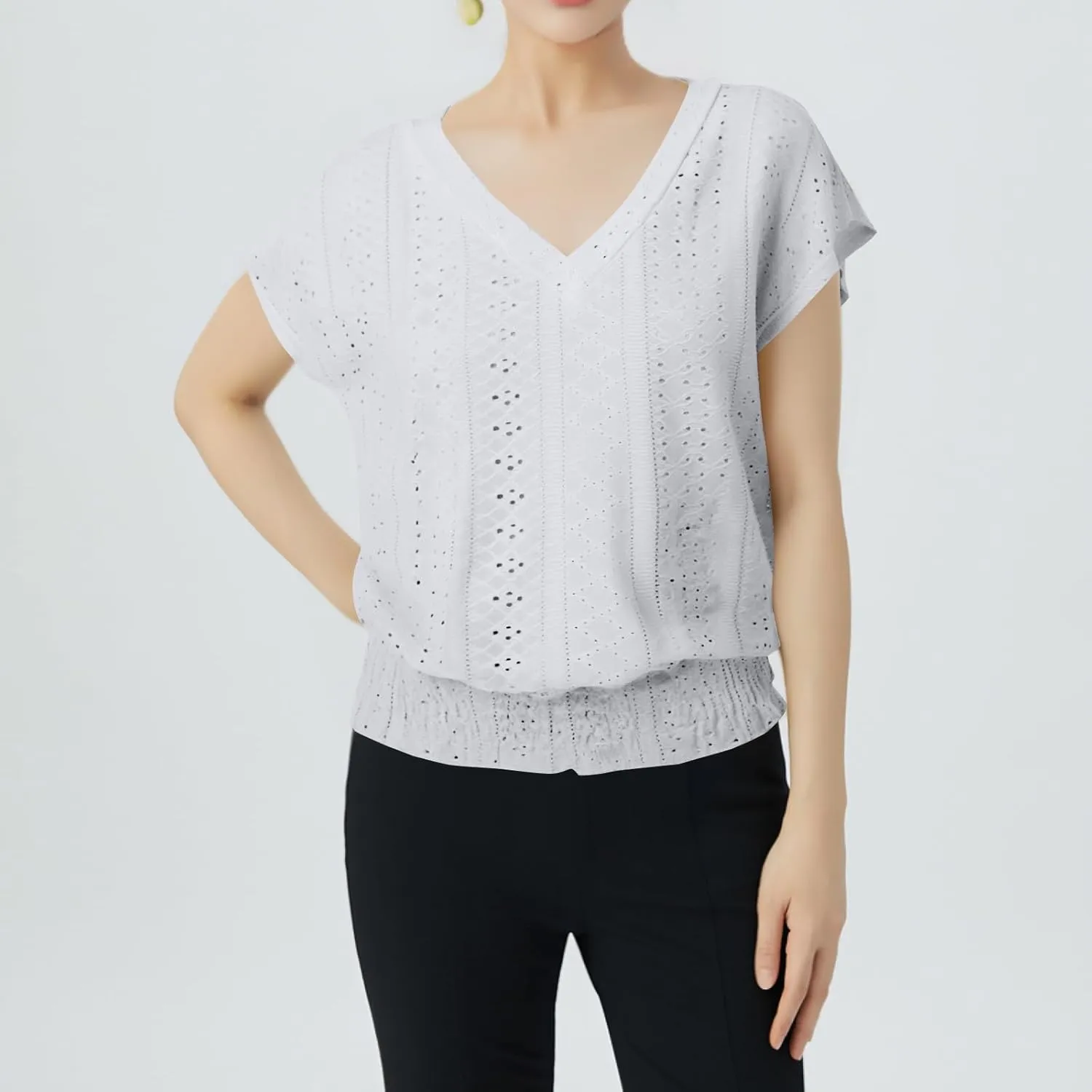 Eyelet Tops for Women Summer V Neck Short Sleeve Shirts Fashion Smocked Waist Crop Tops Casual Plain T Shirts 2025