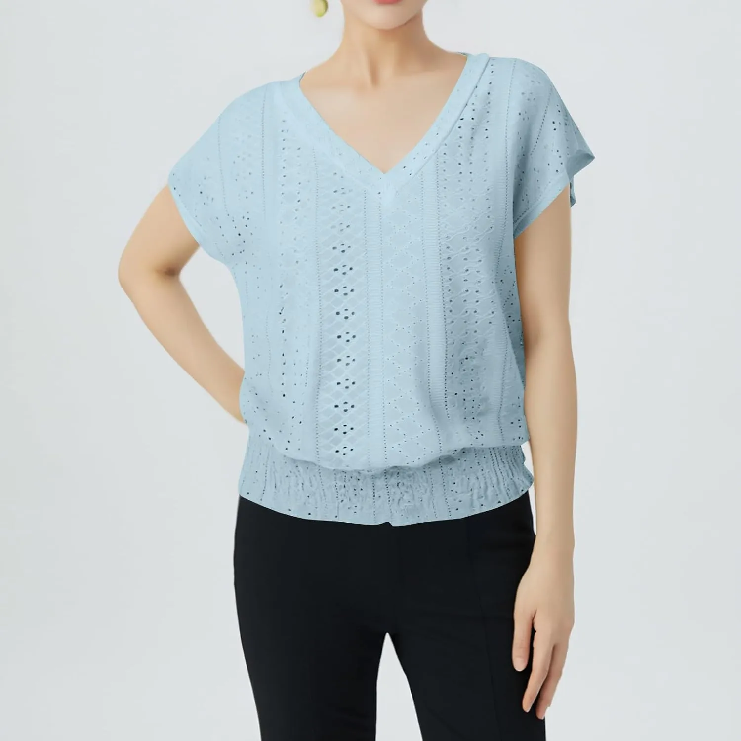 Eyelet Tops for Women Summer V Neck Short Sleeve Shirts Fashion Smocked Waist Crop Tops Casual Plain T Shirts 2025