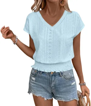 Eyelet Tops for Women Summer V Neck Short Sleeve Shirts Fashion Smocked Waist Crop Tops Casual Plain T Shirts 2025