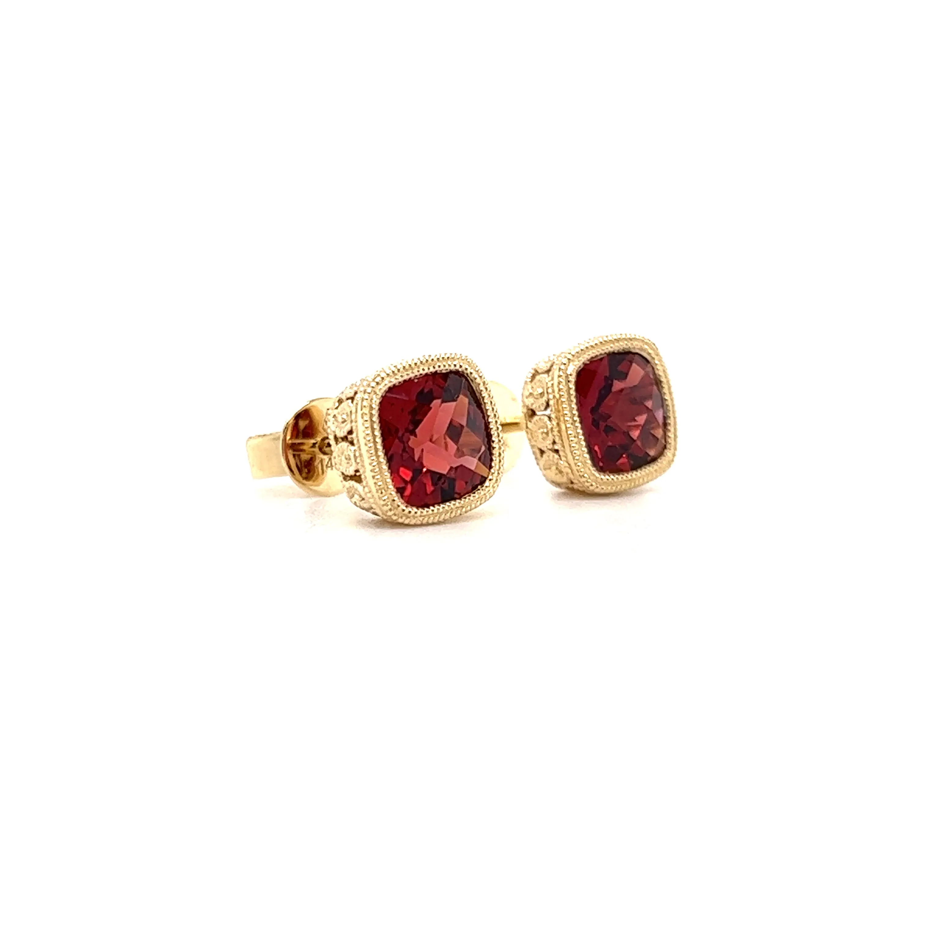Garnet Stud Earrings with Milgrain and Filigree in 14K Yellow Gold
