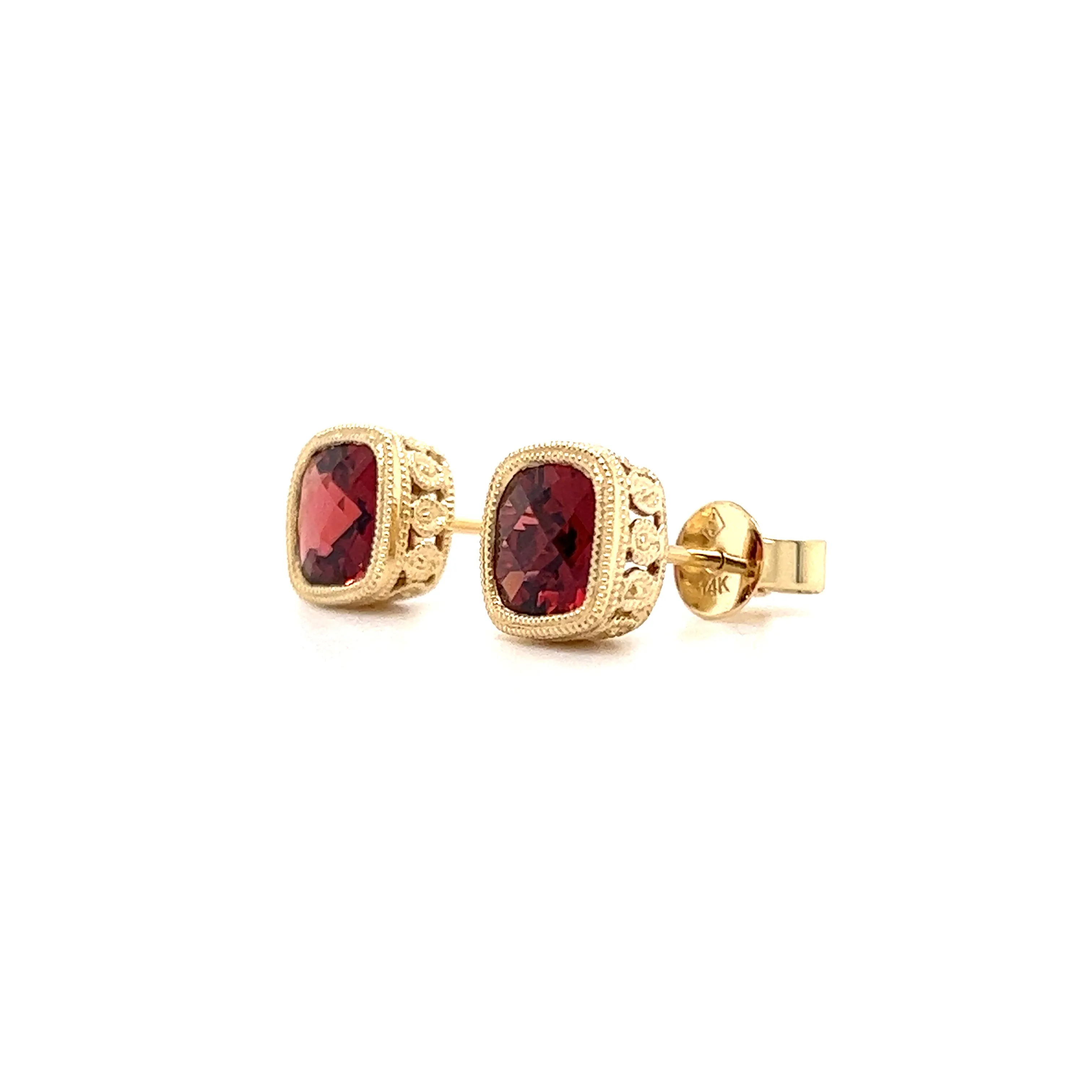 Garnet Stud Earrings with Milgrain and Filigree in 14K Yellow Gold