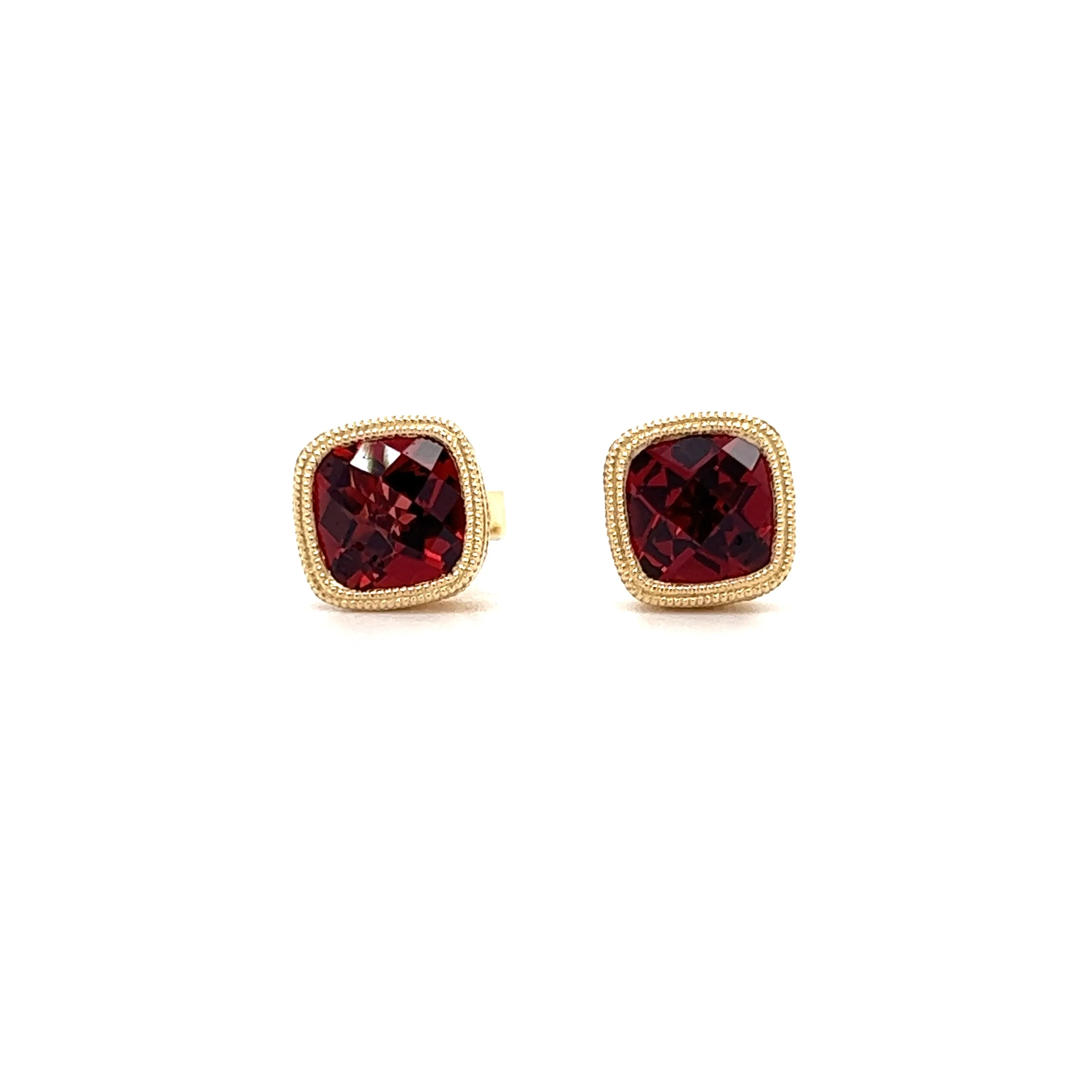 Garnet Stud Earrings with Milgrain and Filigree in 14K Yellow Gold
