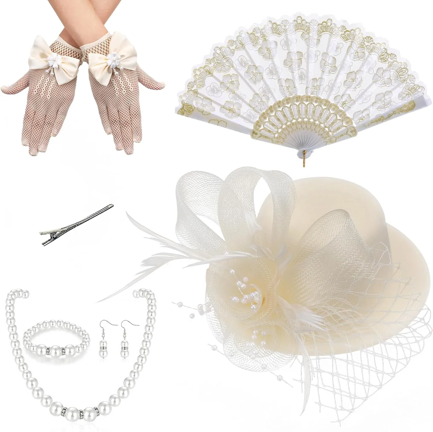 Girls Fascinator Tea Hat - Tea Party Set for 1920s Costume Party, Off White Church Top Hats with Pearl Necklace Earring Hand Fan and Lace Gloves Set