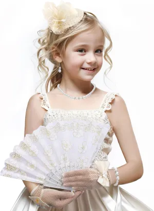 Girls Fascinator Tea Hat - Tea Party Set for 1920s Costume Party, Off White Church Top Hats with Pearl Necklace Earring Hand Fan and Lace Gloves Set
