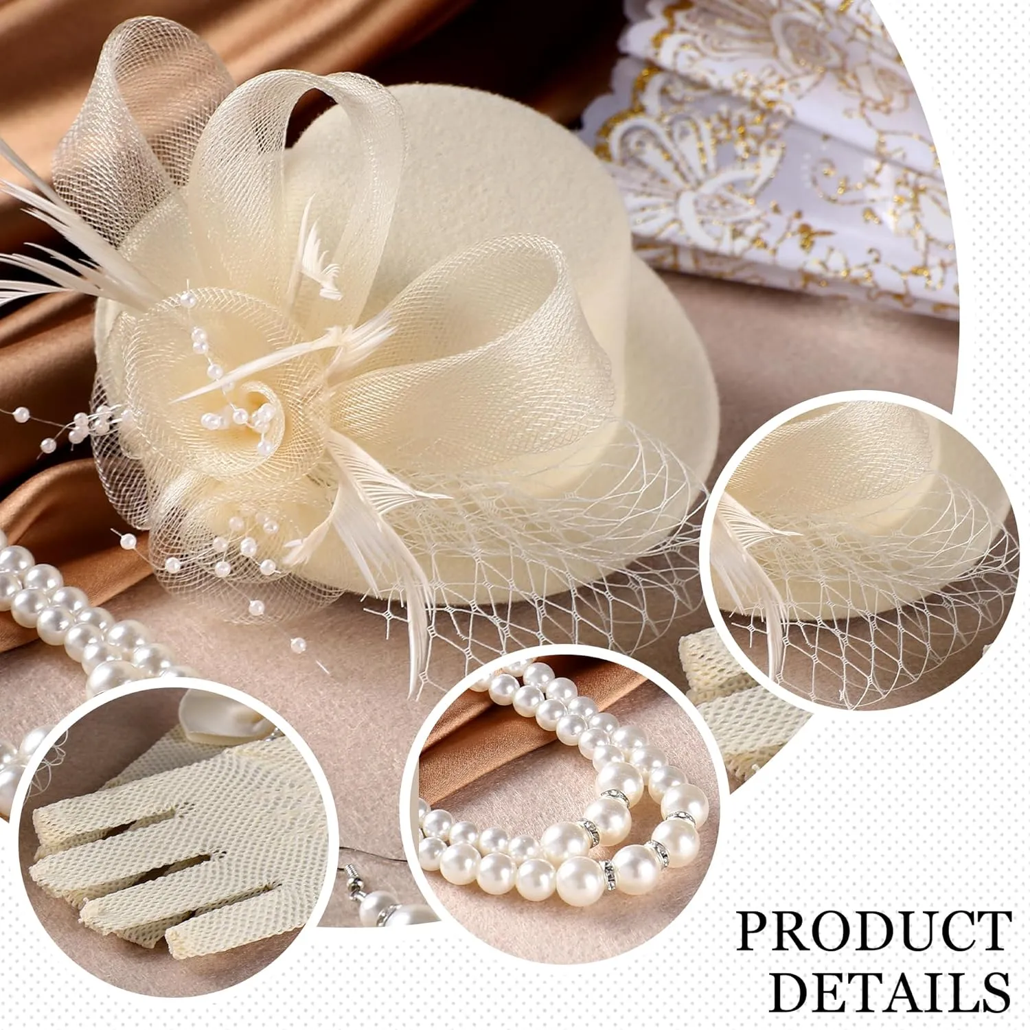 Girls Fascinator Tea Hat - Tea Party Set for 1920s Costume Party, Off White Church Top Hats with Pearl Necklace Earring Hand Fan and Lace Gloves Set