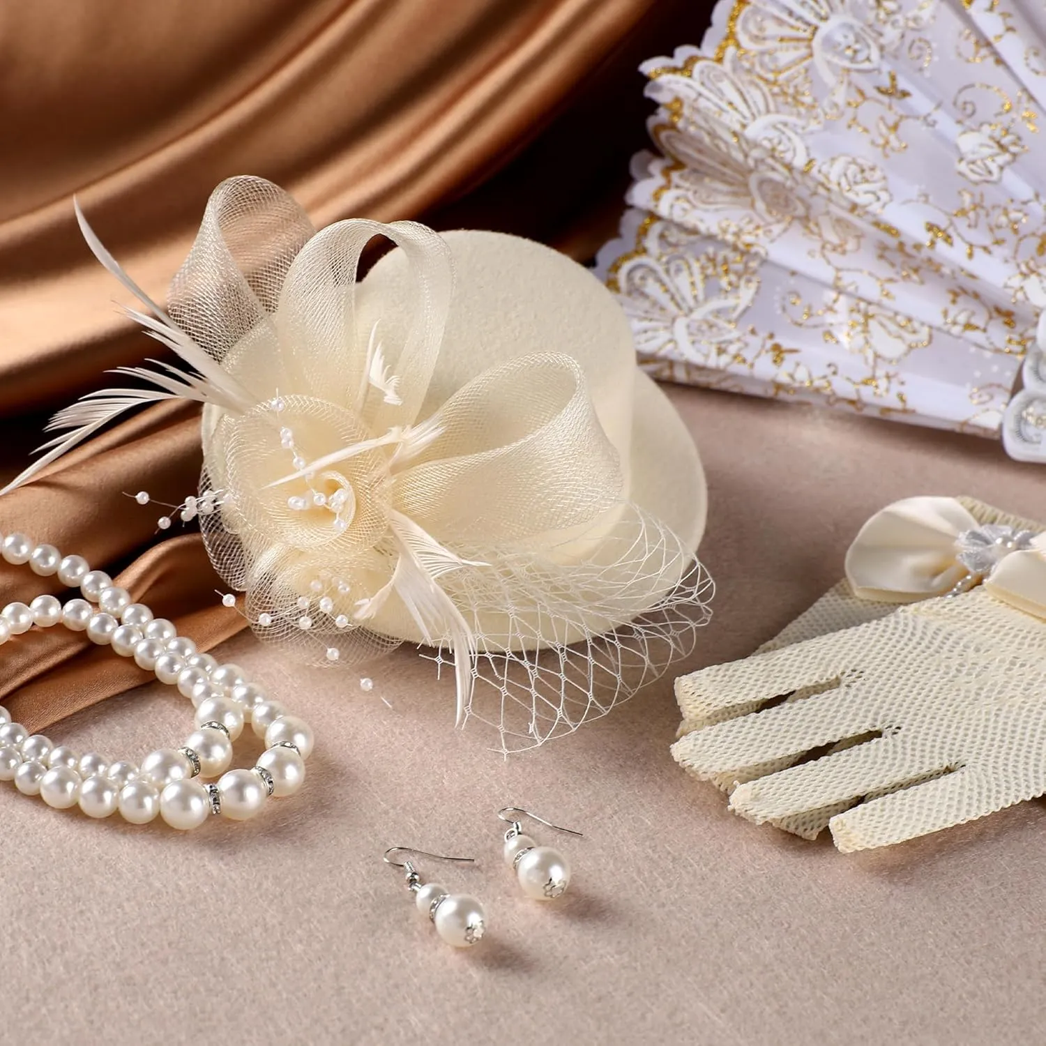 Girls Fascinator Tea Hat - Tea Party Set for 1920s Costume Party, Off White Church Top Hats with Pearl Necklace Earring Hand Fan and Lace Gloves Set