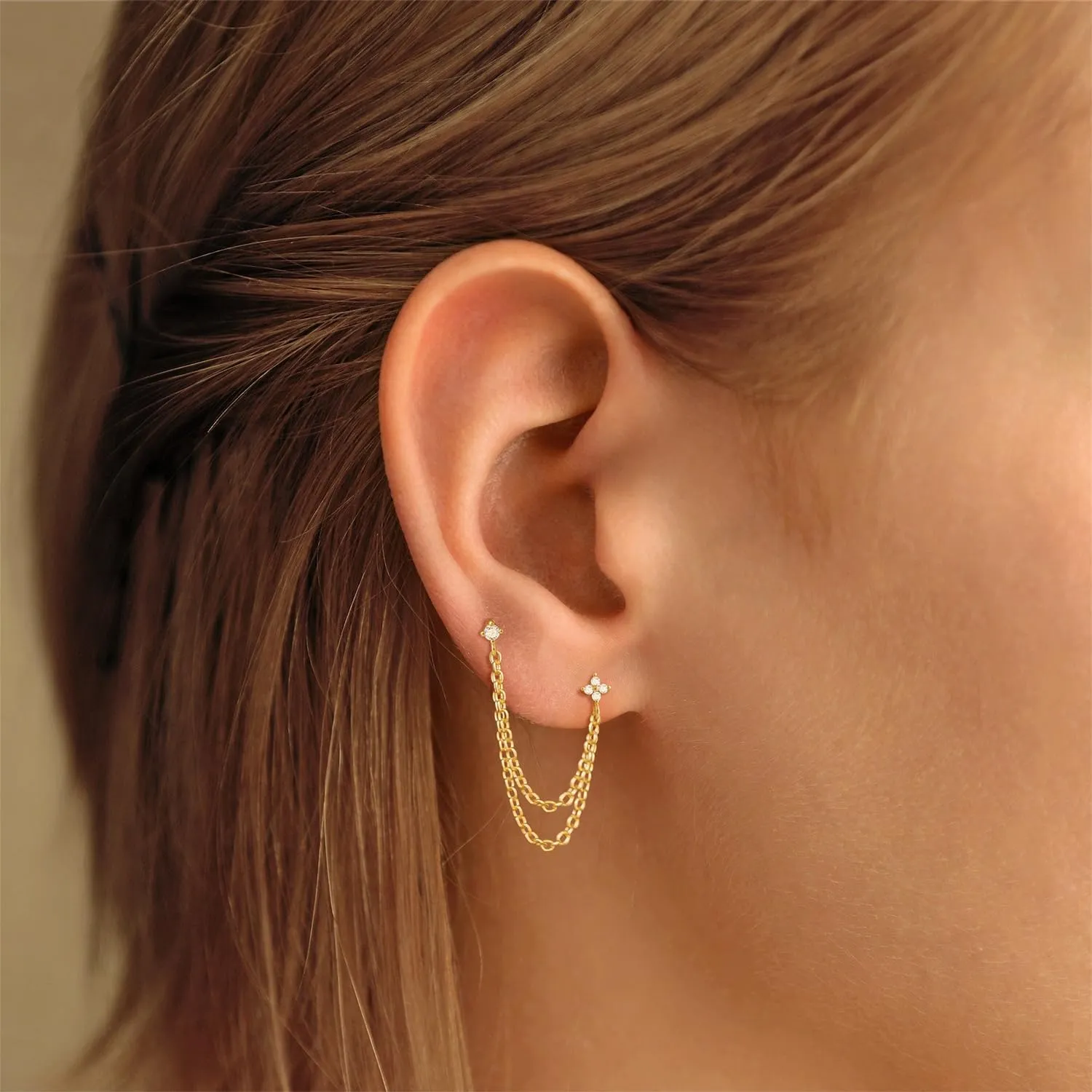 Gold Chain Studs Earrings for Women Trendy: Hypoallergenic 14K Gold Plated Dangle Earrings Dainty Small Long Chain Earring Set Fashion Gold Jewelry for Women