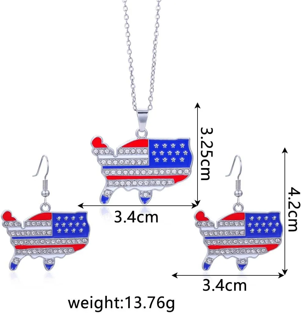 HUJUON American Flag Pendant Necklace Earring Set for Women 4th Of July Butterfly Drop Dangle Hook Earring Independence Day Usa Patriotic Choker Jewelry Gift