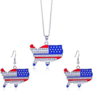 HUJUON American Flag Pendant Necklace Earring Set for Women 4th Of July Butterfly Drop Dangle Hook Earring Independence Day Usa Patriotic Choker Jewelry Gift