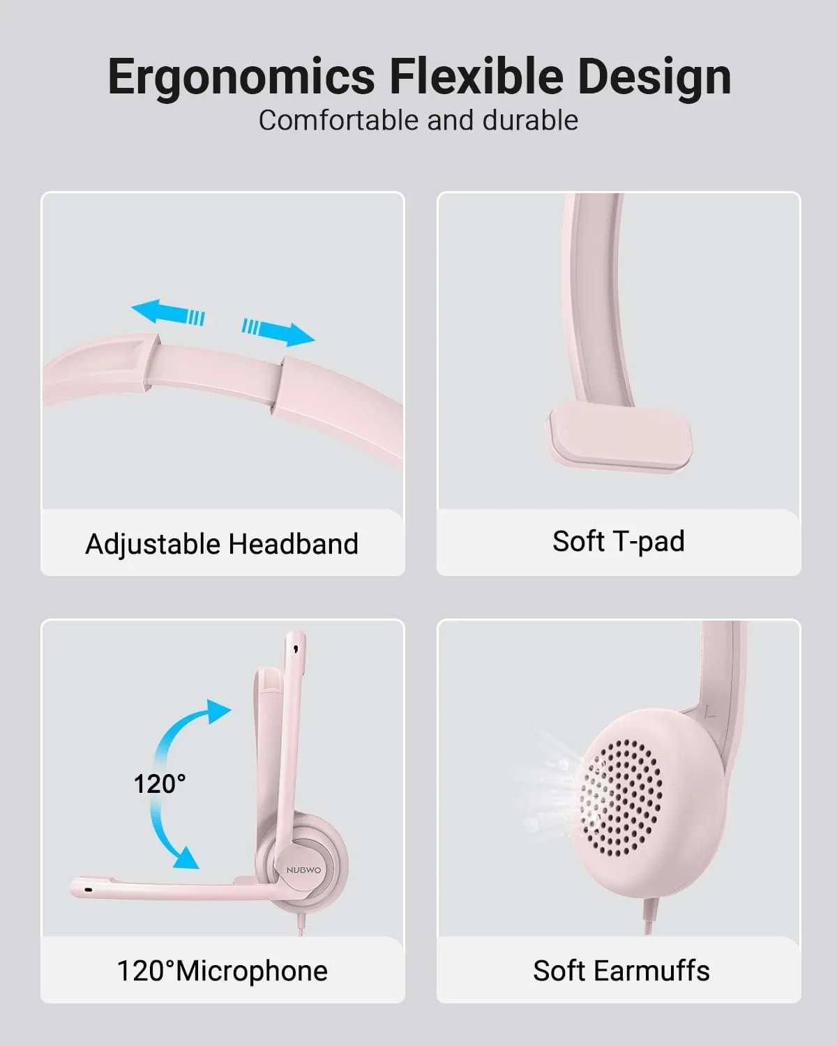 NUBWO HW02 USB Headset with Microphone Noise Cancelling &in-line Control, Ultra Comfort Computer Headphones for Laptop pc, On-Ear Wired Office Call Center Headset for Boom Skype Webinars (Pink)