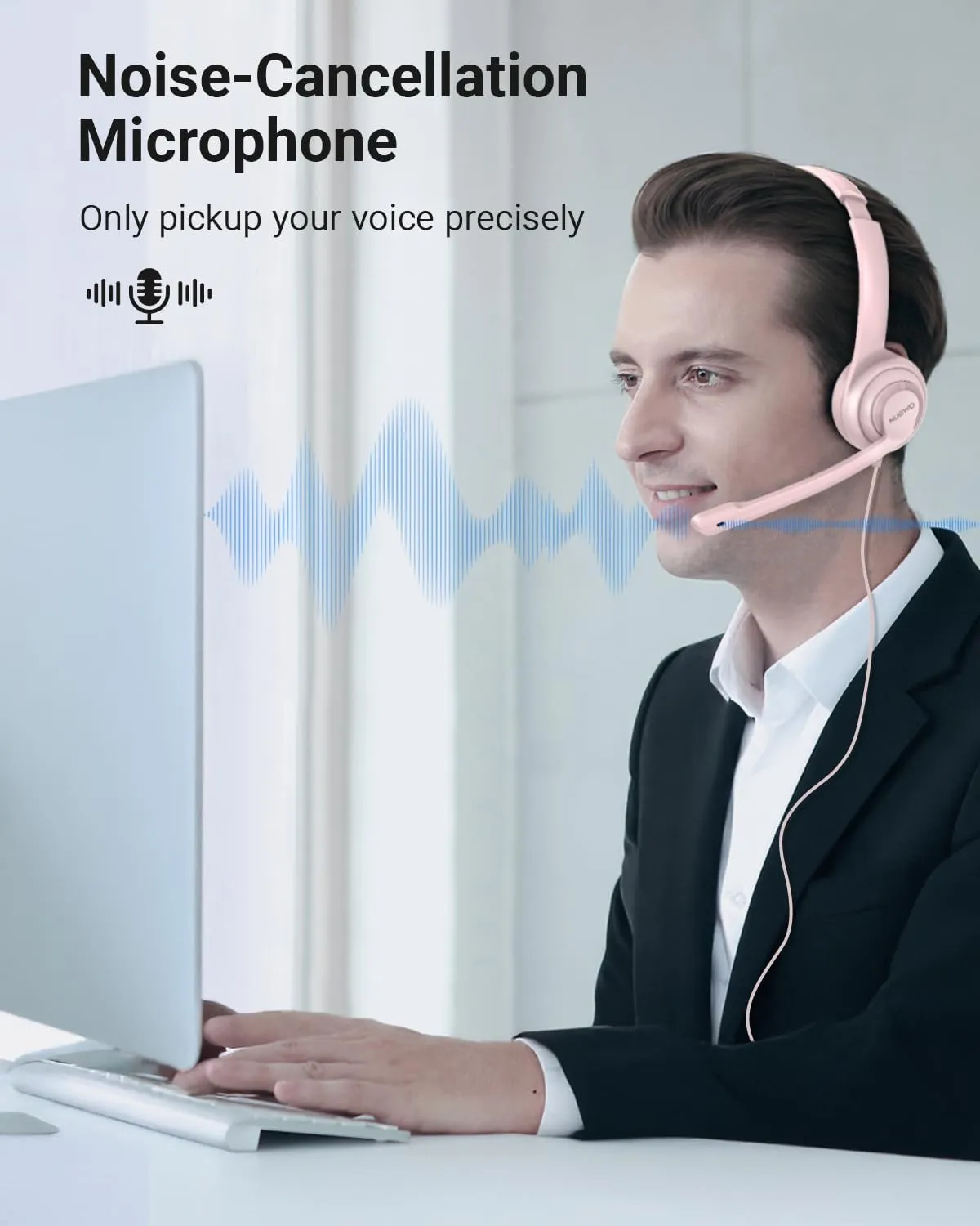NUBWO HW02 USB Headset with Microphone Noise Cancelling &in-line Control, Ultra Comfort Computer Headphones for Laptop pc, On-Ear Wired Office Call Center Headset for Boom Skype Webinars (Pink)