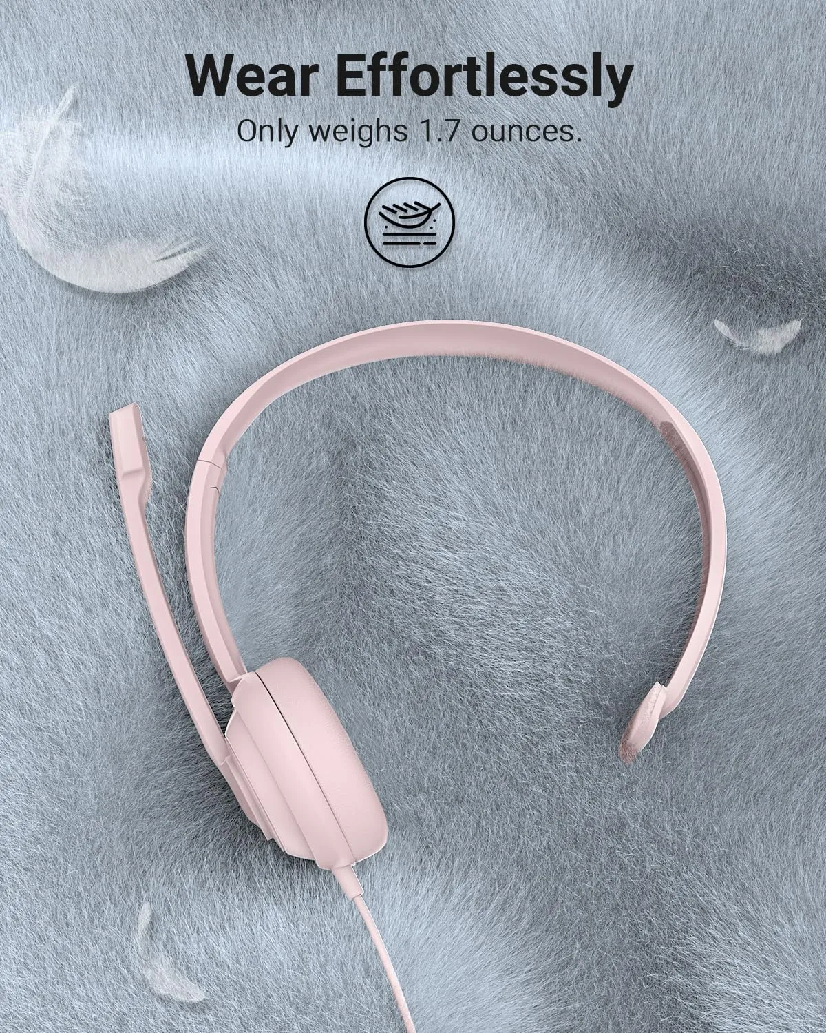 NUBWO HW02 USB Headset with Microphone Noise Cancelling &in-line Control, Ultra Comfort Computer Headphones for Laptop pc, On-Ear Wired Office Call Center Headset for Boom Skype Webinars (Pink)