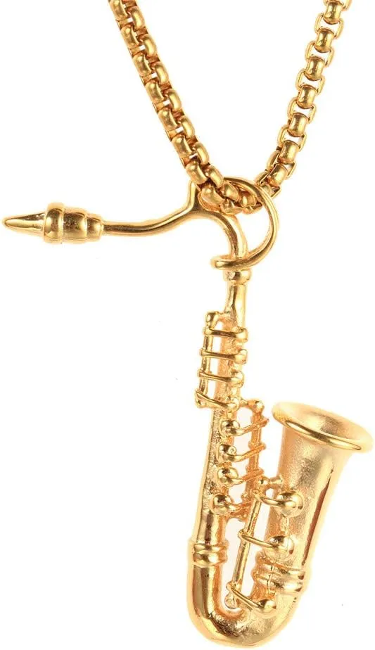 PAMTIER Unisex Stainless Steel Saxophone Musical Instruments Pendant Punk Necklace