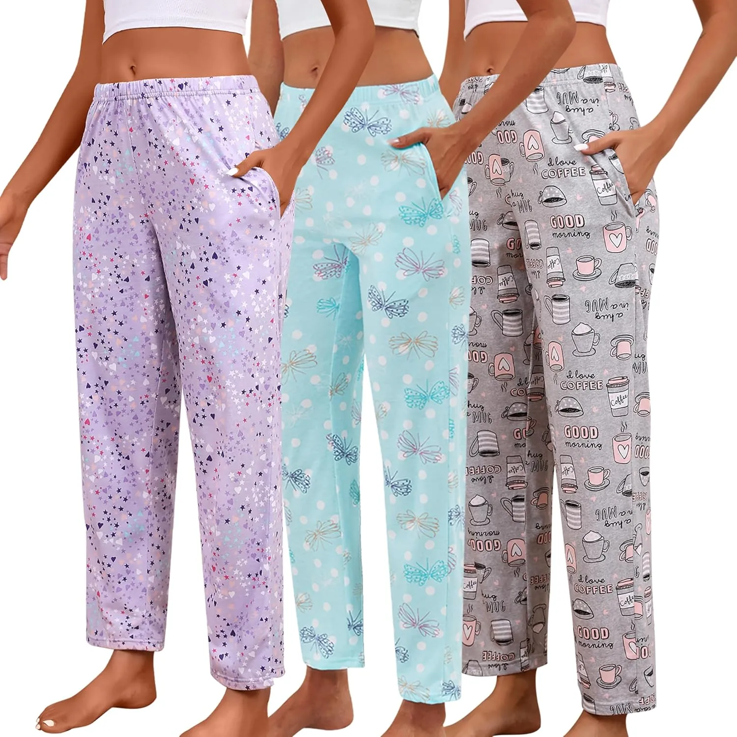 PNAEONG Pajama Pants Women 3 Pack Soft Cotton Lounge Pants Comfy Casual Pajama Bottoms with Elastic Waistband & Pockets