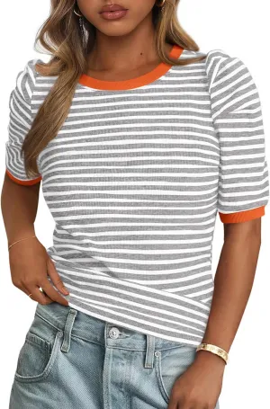 PRETTYGARDEN Women's Summer Puff Sleeve Tops Casual Ribbed Knit Crop Top Color Block Trendy Crewneck Striped Shirts