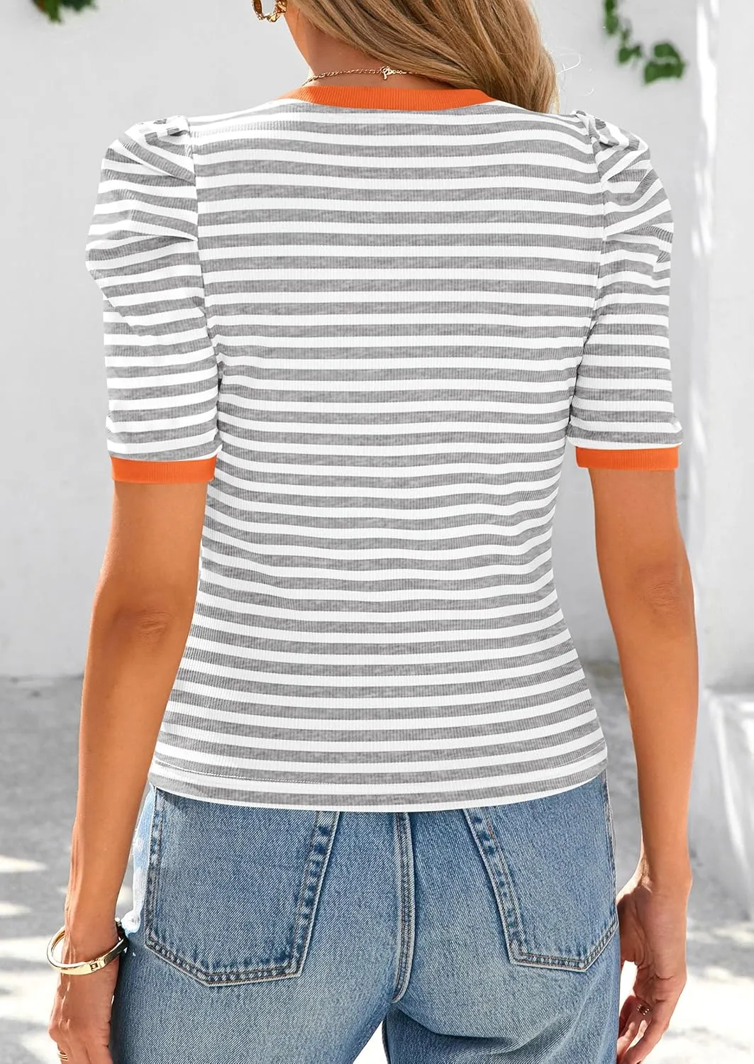 PRETTYGARDEN Women's Summer Puff Sleeve Tops Casual Ribbed Knit Crop Top Color Block Trendy Crewneck Striped Shirts