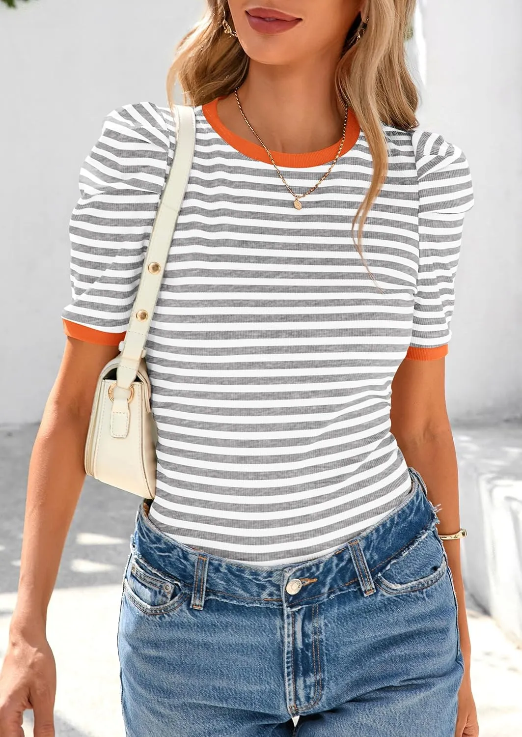 PRETTYGARDEN Women's Summer Puff Sleeve Tops Casual Ribbed Knit Crop Top Color Block Trendy Crewneck Striped Shirts