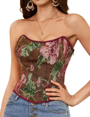 Scarlet Darkness Corset Tops for Women Renaissance Floral Lace Up Corset Boned Strapless Tops