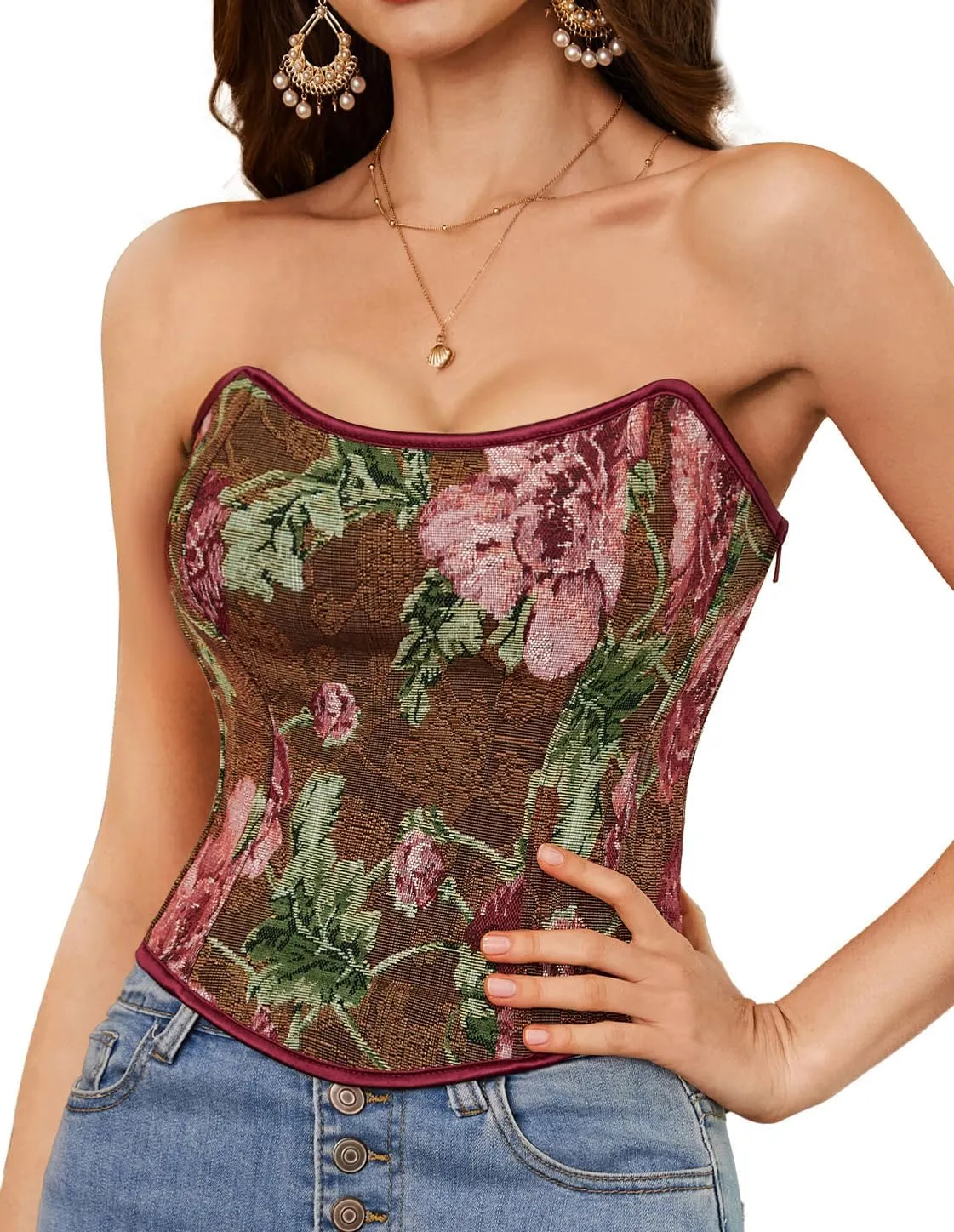 Scarlet Darkness Corset Tops for Women Renaissance Floral Lace Up Corset Boned Strapless Tops