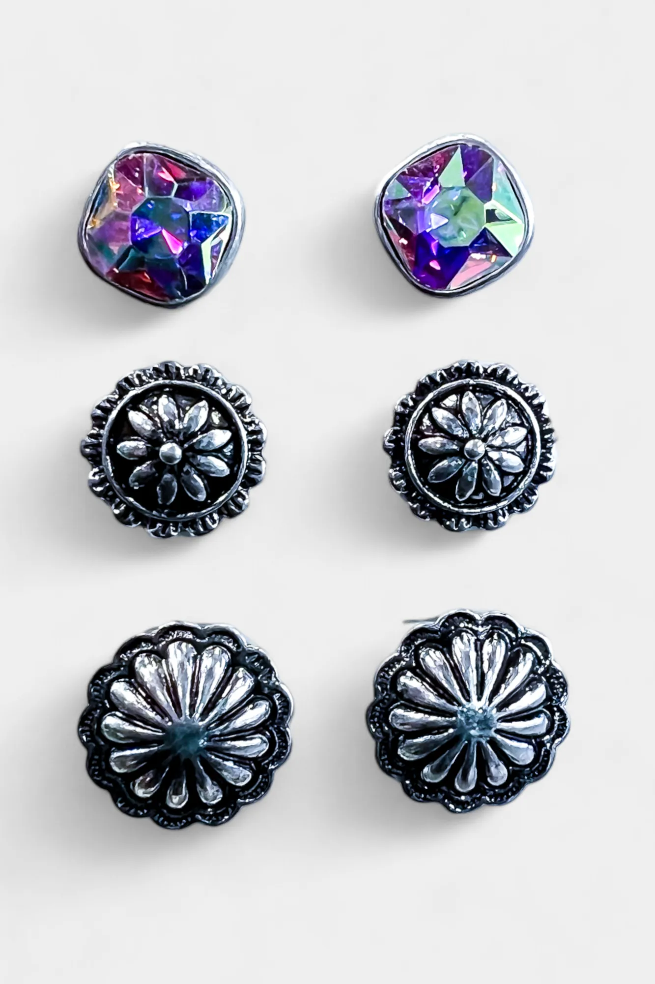 Silver AB Concho Rhinestone Stud Earring Set